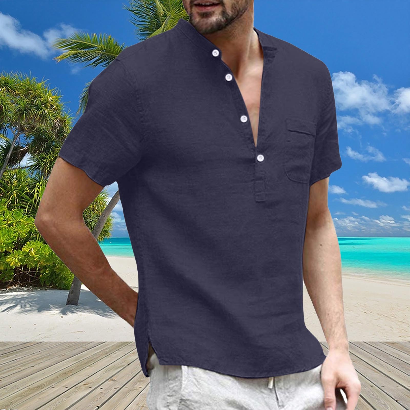 thumbnail image 2 of Camisa informal de manga corta con botones y color liso para hombre: poliéster ligero, corte holgado, lavable a máquina - S-XXXXL, 2 of 5
